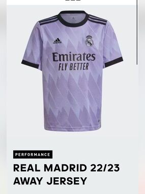 Adidas Kids XL/women’s Med Real Madrid 22/23 Away Jersey - Lavender